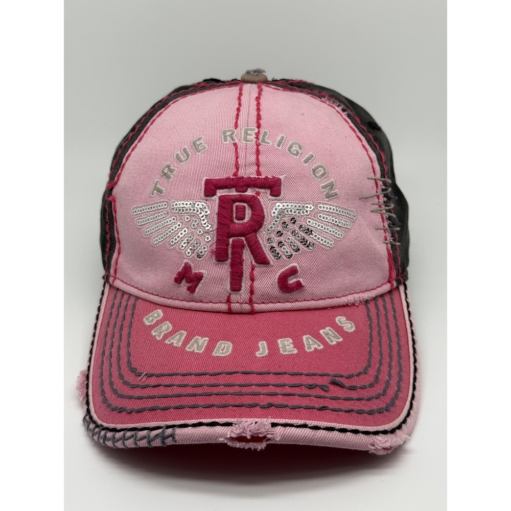 True Religion Hat Cap Leather Strap Back Women One Size Pink Trucker Vintage Y2K